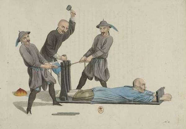Foot-crushing on a rack: Fixing the prisoner on a torture rack, officials tighten wooden strips around the ankles.