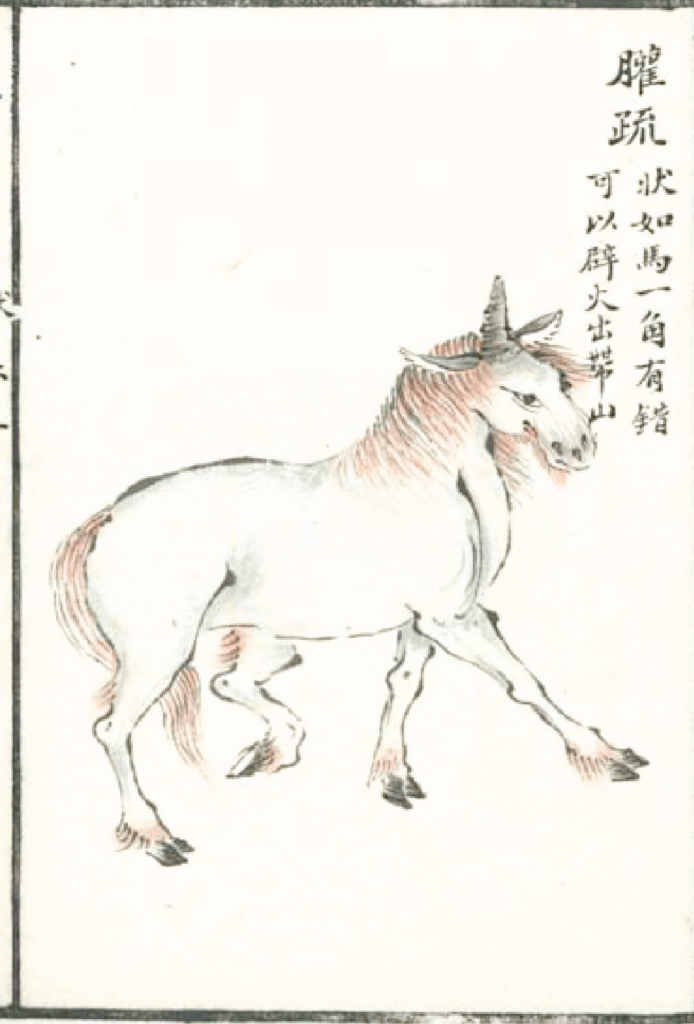 HuanShu/䑏疏: a beast that looks like a horse. It has a single horn, and the horn has a hard layer that is as hard as a whetstone. 