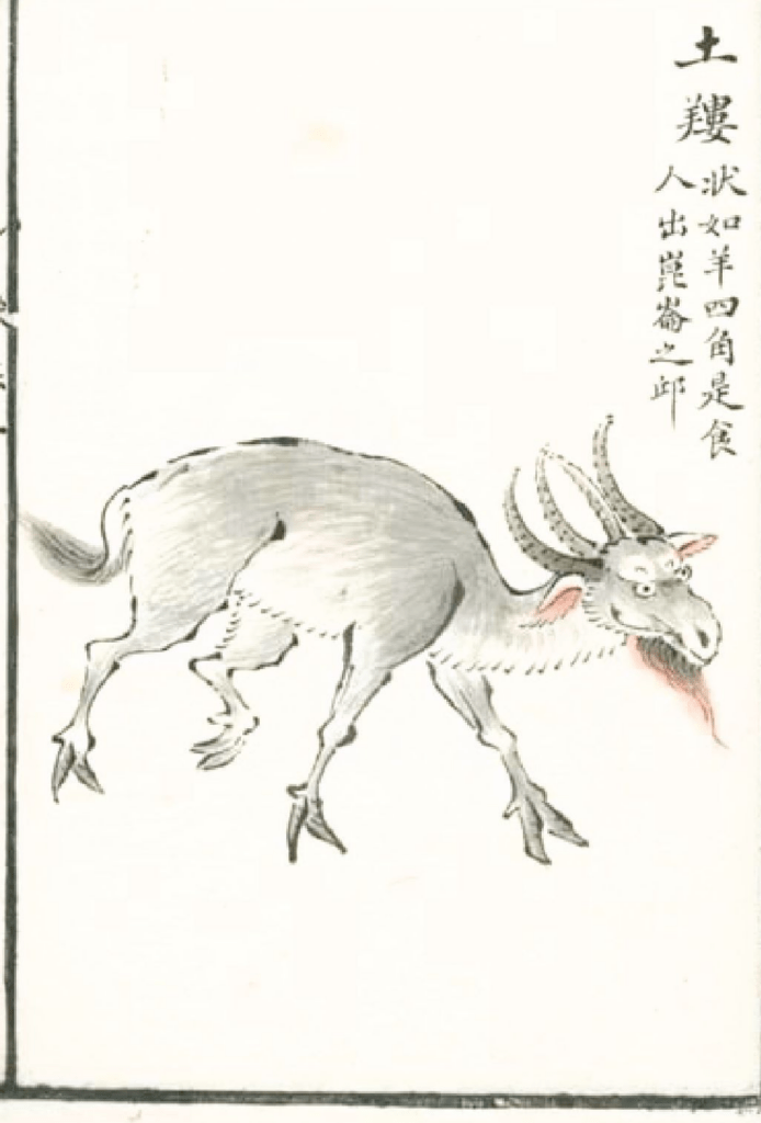 Tu Lou/土螻, shaped like a sheep with four horns, eat humans, Haunted in KunLun hill.