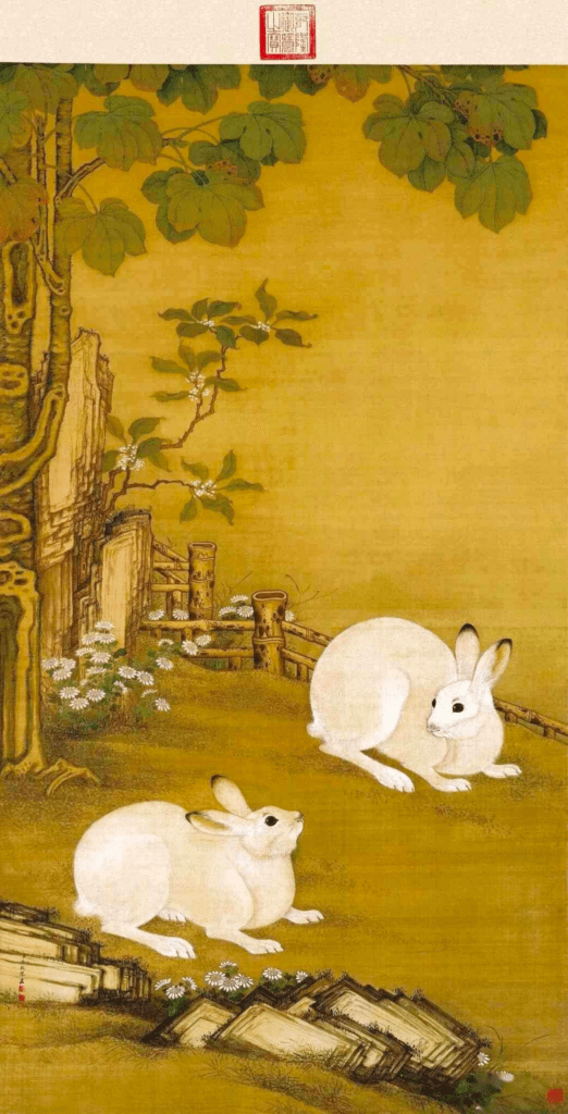 The Wutong Tree and Pair of the Jade Rabbits Painting Scroll, Qing Dynasty, by Leng Mei, preserved at the Palace Museum
