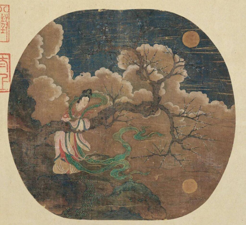 Yuan Dynasty, Anonymous. Fragrant Moon Tide Sound, Fan Page. Liaoning Provincial Museum. Depicting the twisted branches of a plum tree, a lady in wide garments and a long skirt with a fluttering pocket leans against the tree, lost in contemplation. The artist's name is not signed, originally part of the Qing Dynasty palace collection, the first volume, fourth painting of 'Yanyunji Hui.' Emperor Qianlong inscribed a poem on the painting: 'Spring river, full moon, tide's echo clear; seemingly invisible, yet the sound is near. Resembling Chang'e leaning on a plum tree, silently recognizing three lifetimes.' Below are seals reading 'Embodied Meaning in Objects' and 'Brush Flowers, Spring Rain,' recorded in the sequel to 'Shiqu Baoji.' The original inscription for this painting was 'Wu Daozi Fragrant Moon Tide Sound.' The Yuan Dynasty was a sparse period in the development of paintings of women, with few works surviving. Therefore, though the dimensions are small, it holds immense value.